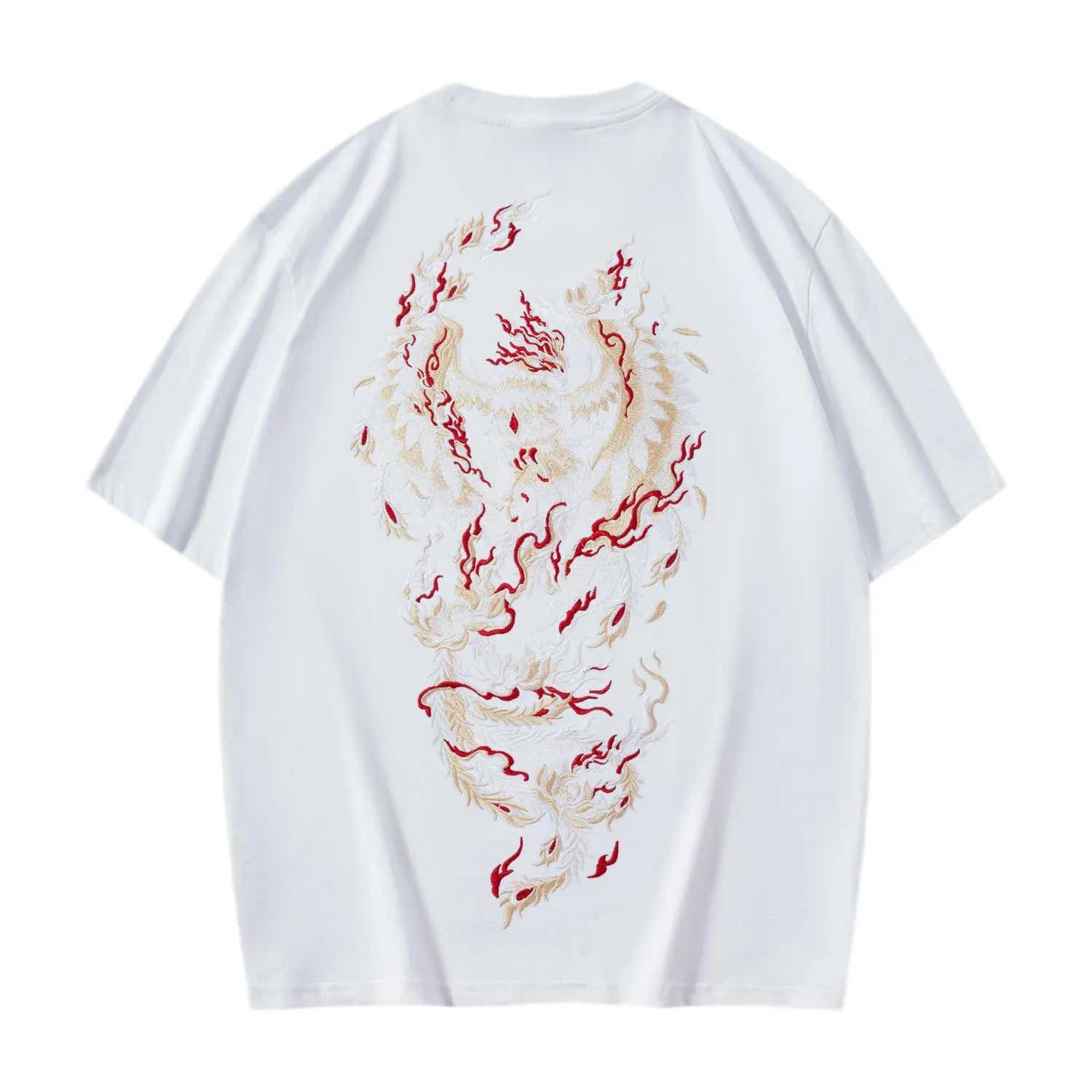 Back view of white pure cotton tee showcasing an intricate gold and red Phoenix embroidery.