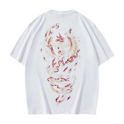 Back view of white pure cotton tee showcasing an intricate gold and red Phoenix embroidery.