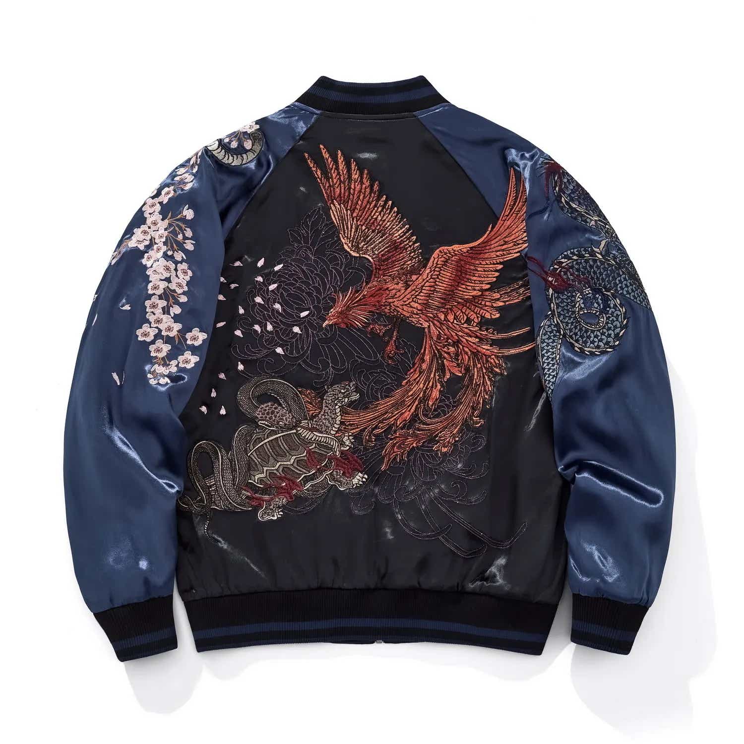 Back view of blue Rayon souvenir jacket showing Vermilion Bird and Black Tortoise embroidery with dragon scale sleeves.