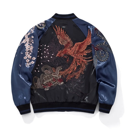 Back view of blue Rayon souvenir jacket showing Vermilion Bird and Black Tortoise embroidery with dragon scale sleeves.
