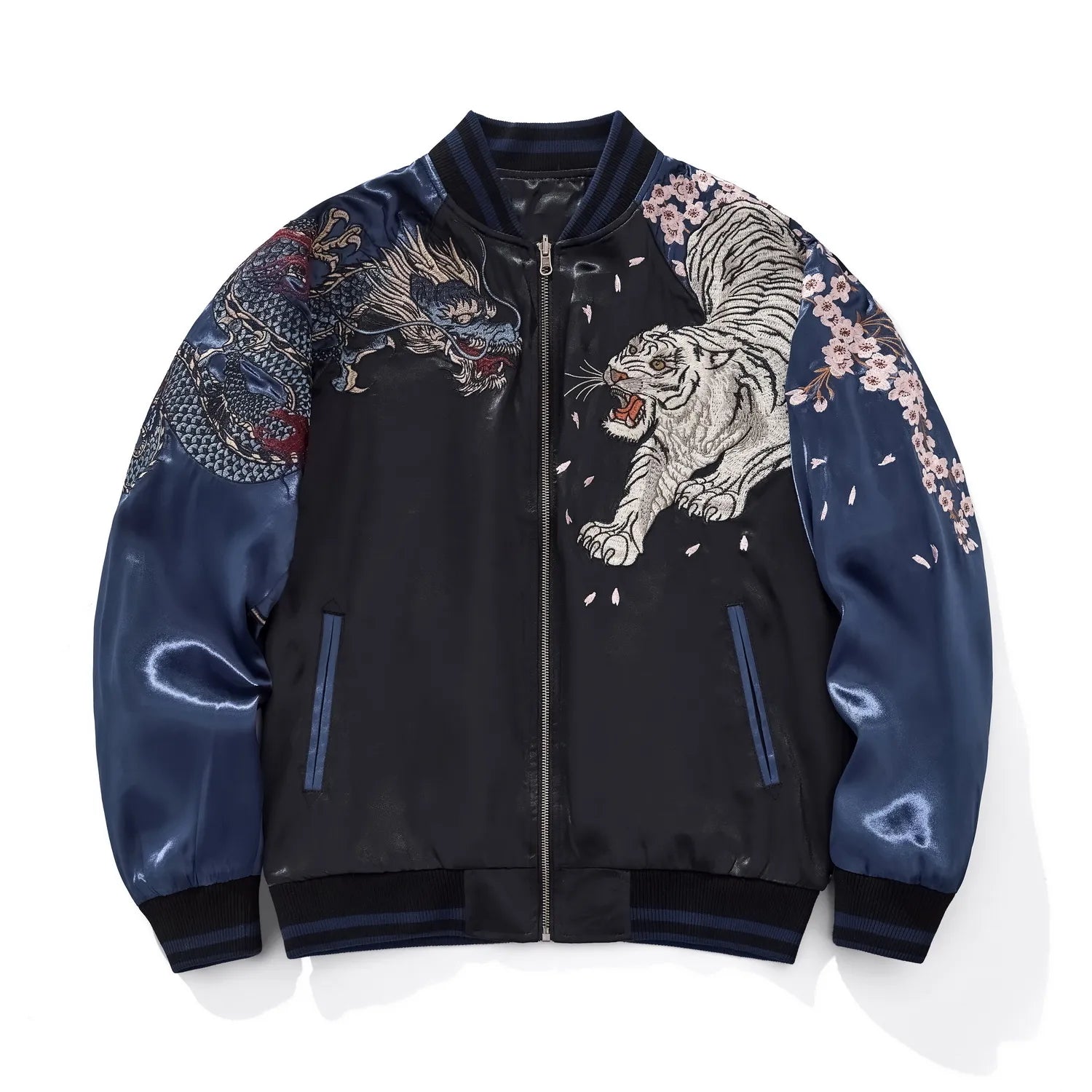 Front view of blue Rayon Sukajan jacket featuring Azure Dragon and White Tiger embroidery on the chest.