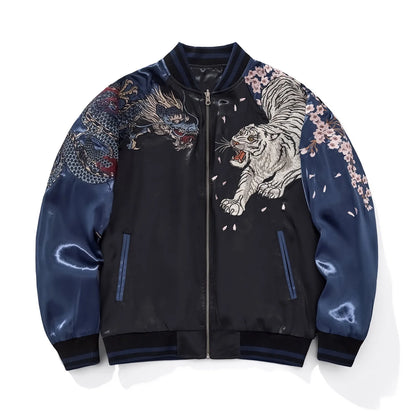 Front view of blue Rayon Sukajan jacket featuring Azure Dragon and White Tiger embroidery on the chest.