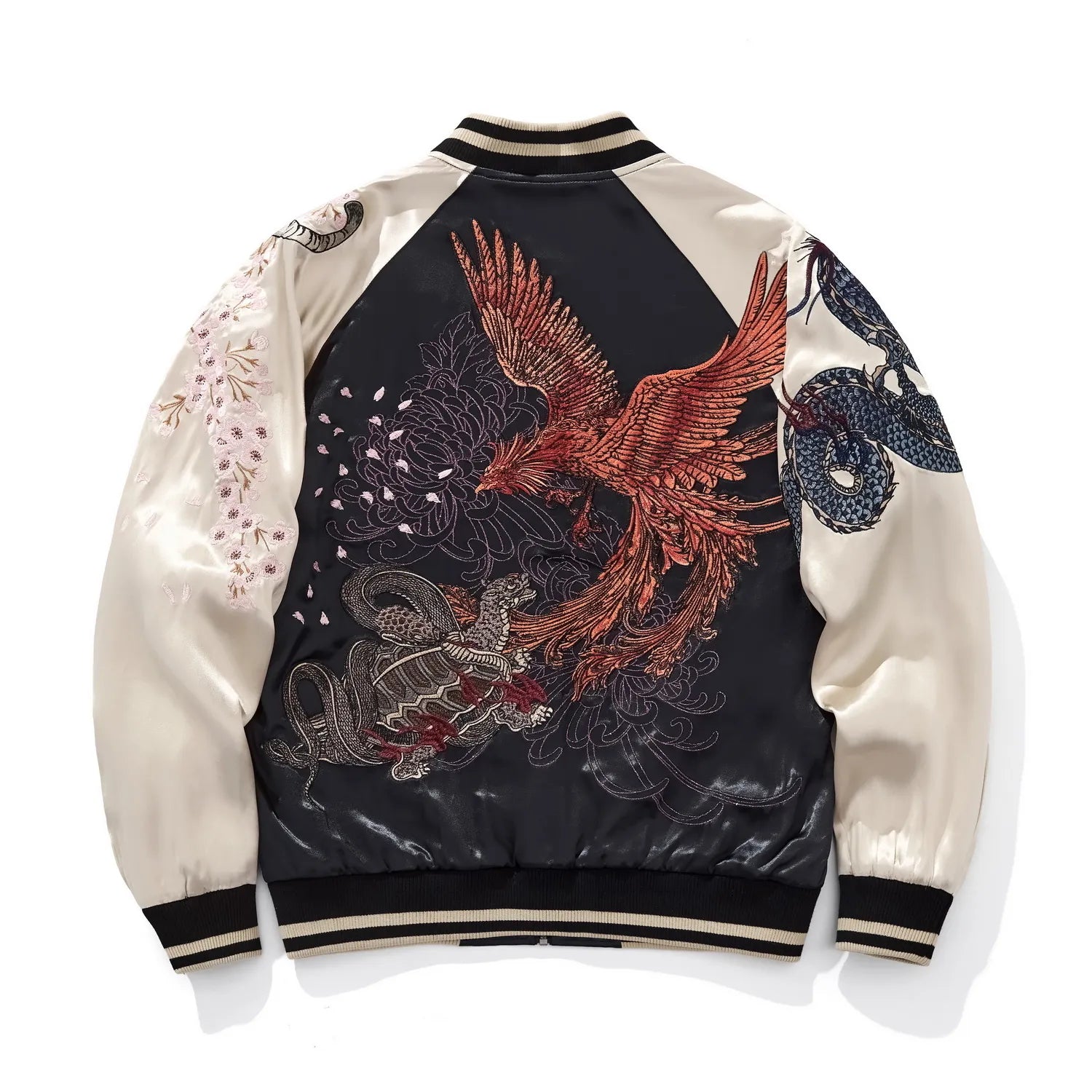 Back view of cream Rayon souvenir jacket featuring detailed embroidery of the four guardian beasts.