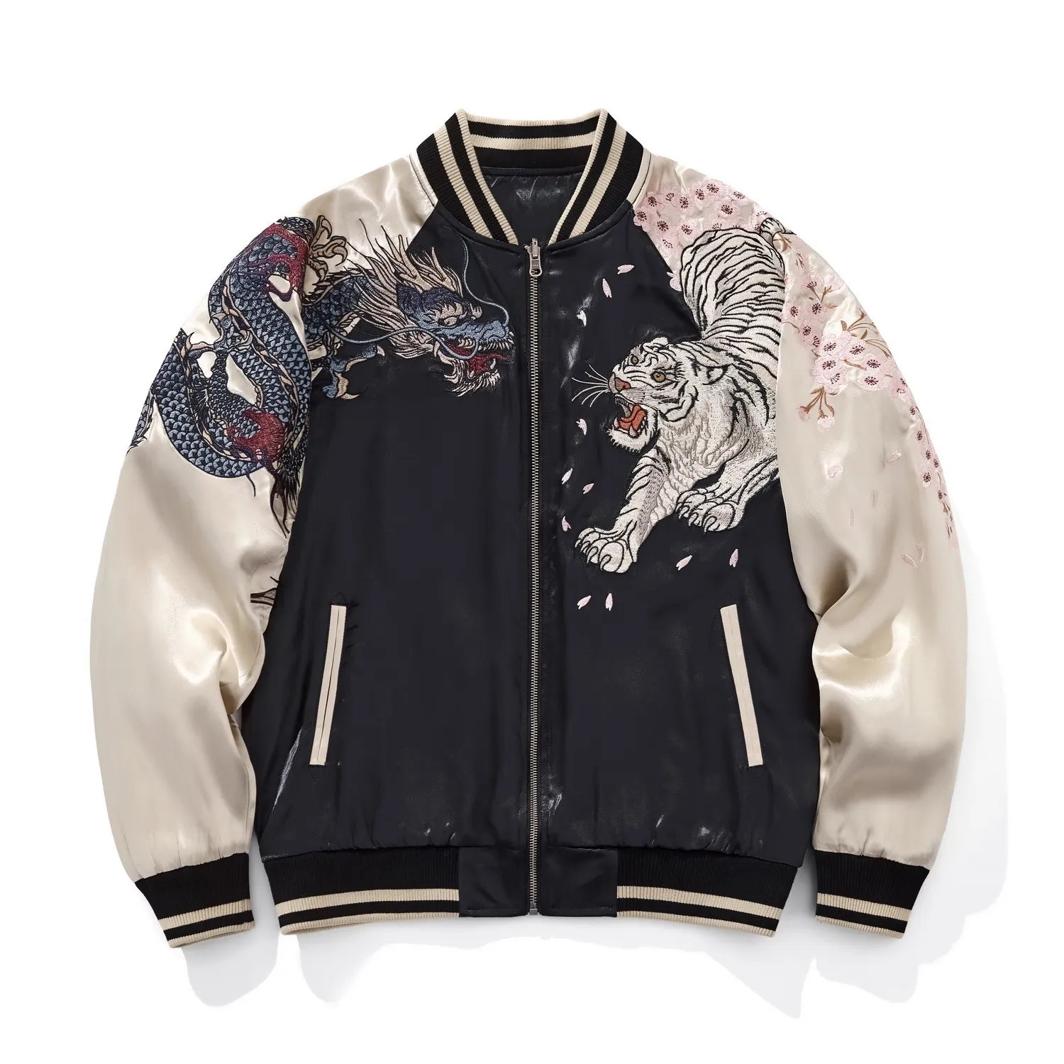 Front view of cream and black Rayon Sukajan jacket with Dragon and Tiger chest embroidery.