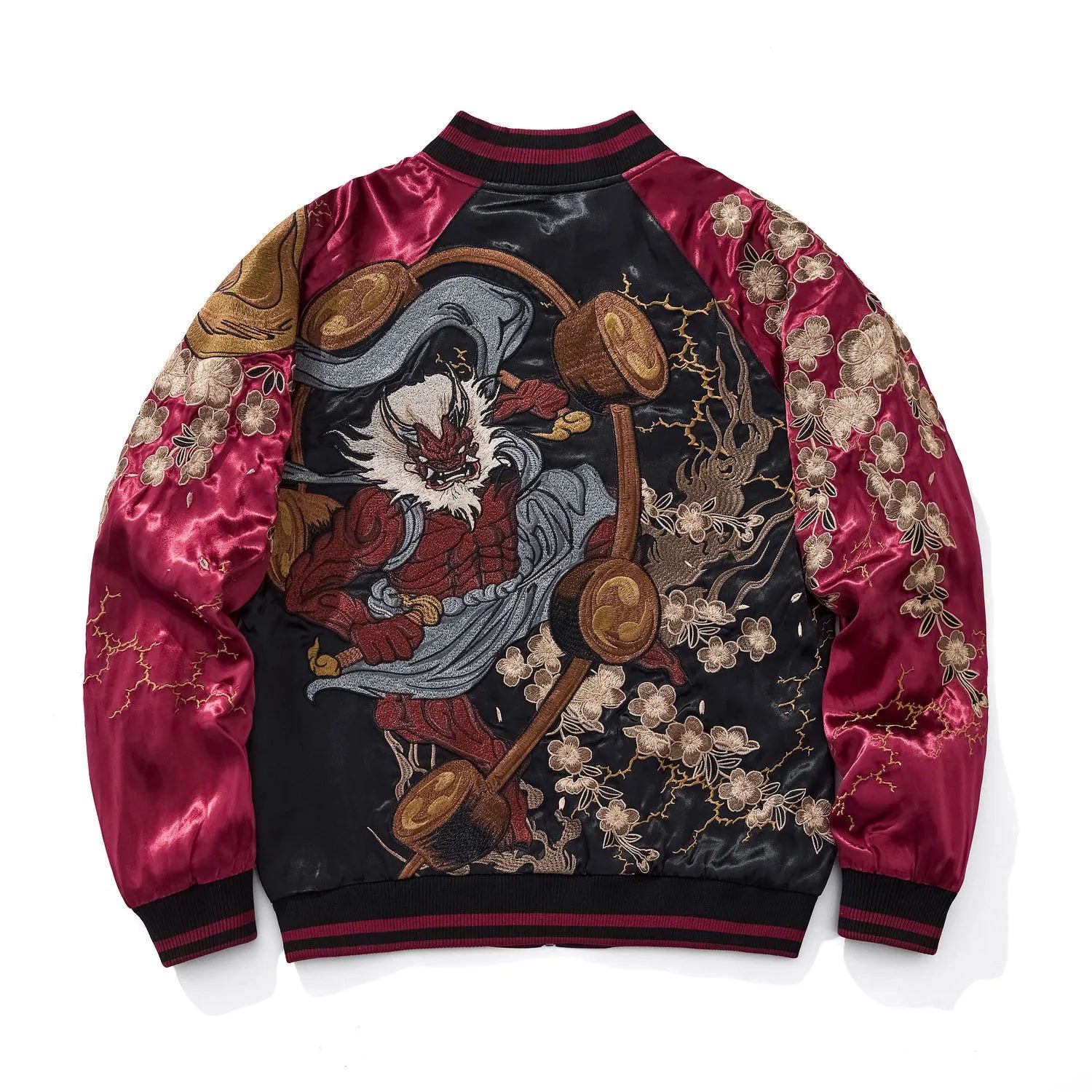 Back view of burgundy Rayon souvenir jacket with large central embroidery of the Thunder God and cherry blossoms.