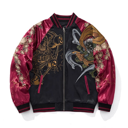 Front view of burgundy Rayon Sukajan jacket featuring detailed Fujin and Raijin embroidery.