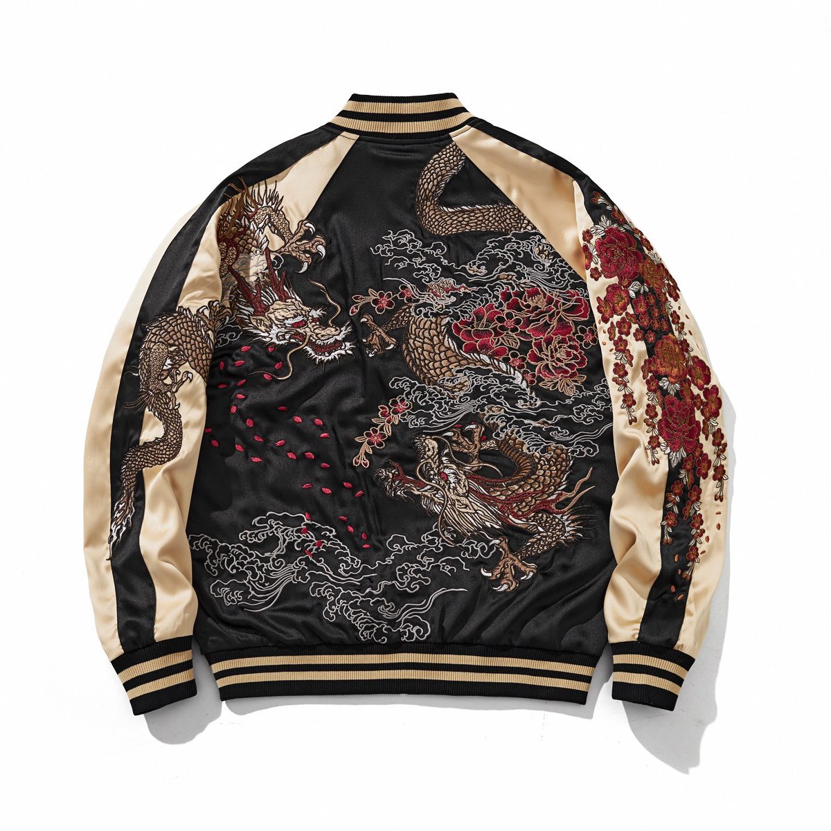Back view, beige color jacket showing twin dragons, waves, and peony clusters.