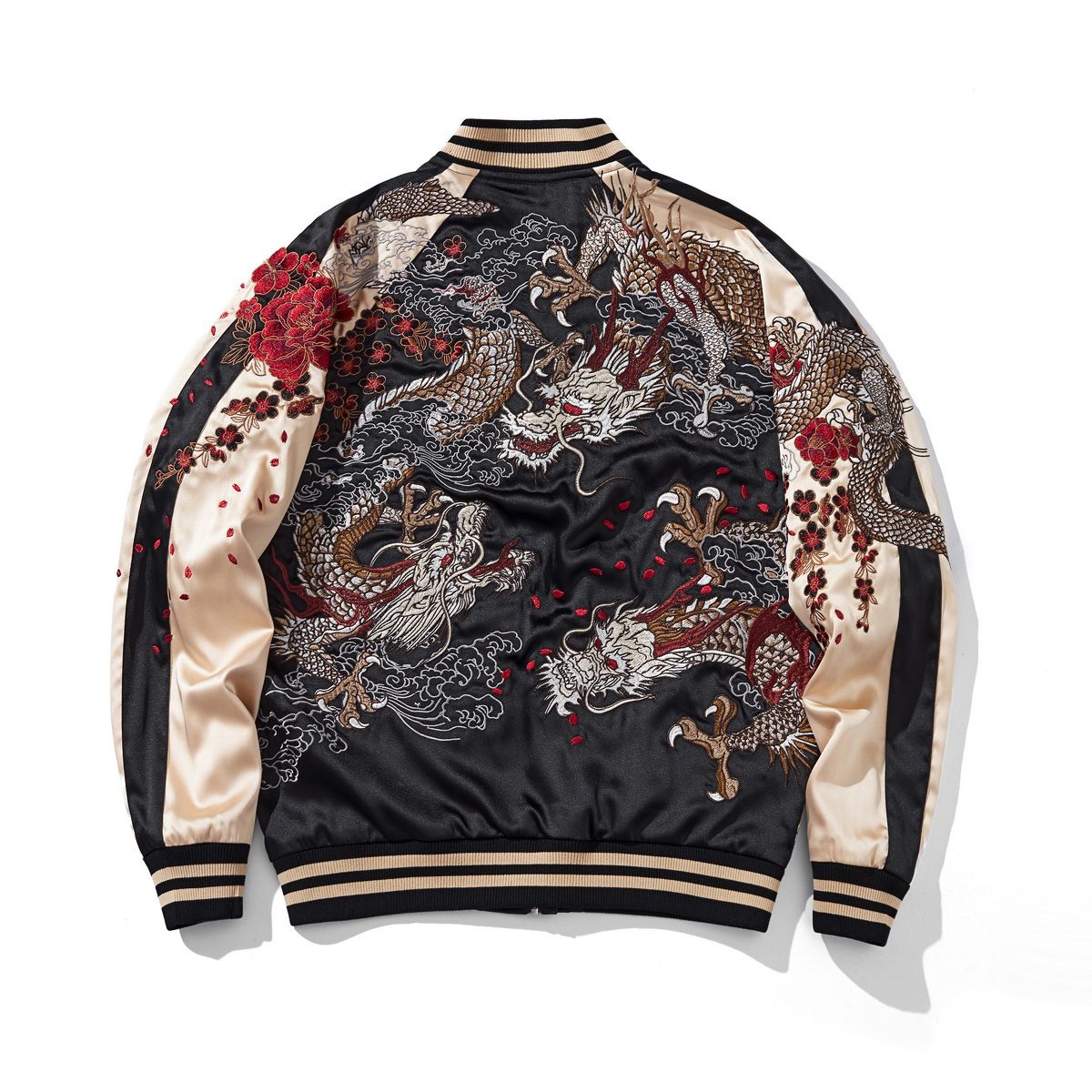 Back view of the beige colorway, dragon face, showing a large multi-dragon scene with clouds and red petals