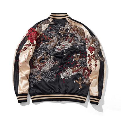 Back view of the beige colorway, dragon face, showing a large multi-dragon scene with clouds and red petals