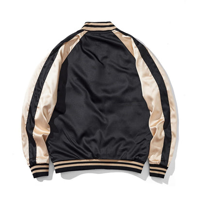 Back view of the beige colorway, peony face, with a smooth satin panel and raglan sleeves