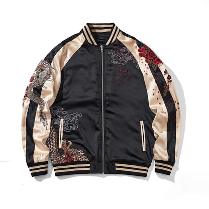 Front view of the beige colorway, dragon face, with dragon and cloud embroidery and falling petals