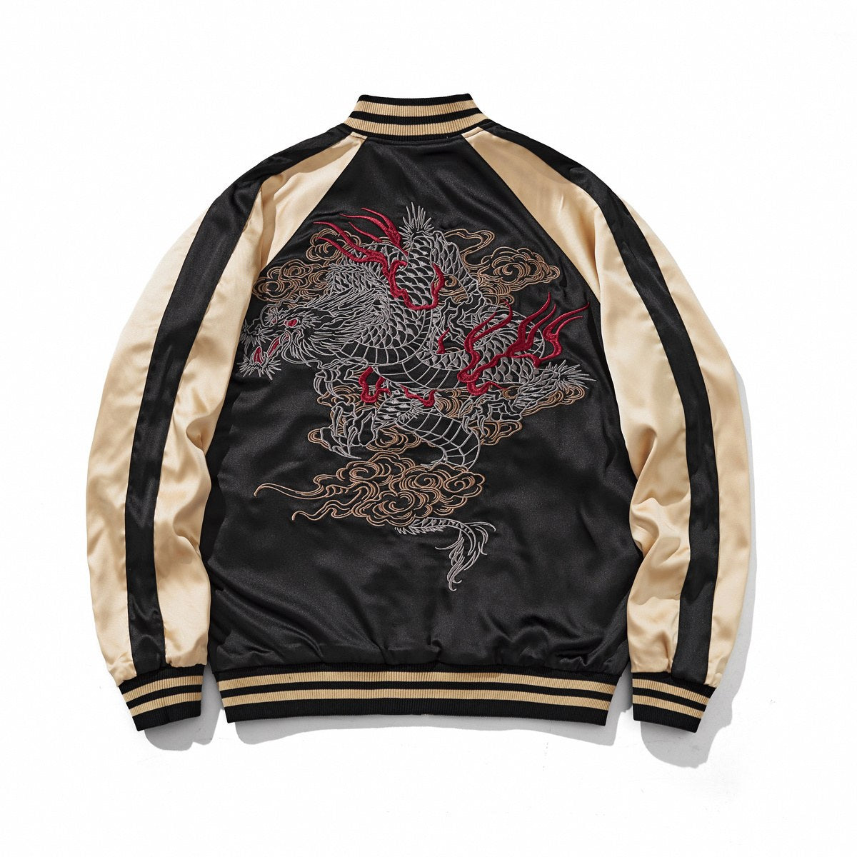 Back, reverse side—beige color jacket with a large dragon in clouds.