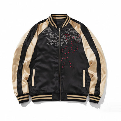 Front, reverse side—beige color jacket with clouds and scattered petals.