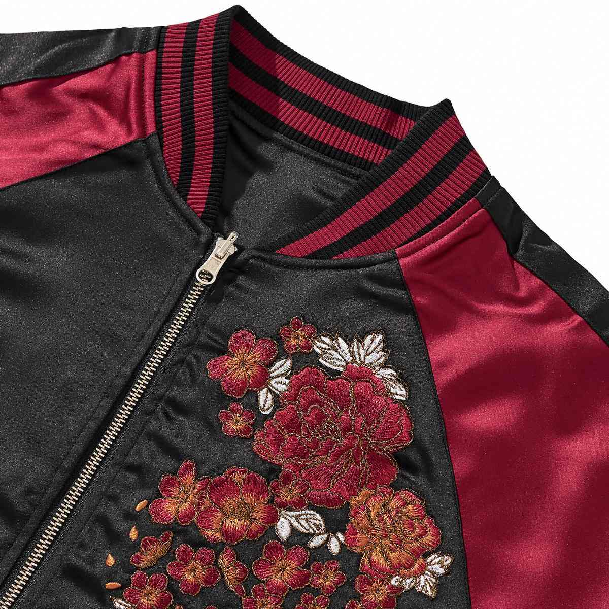Ribbed collar detail with peony cluster embroidery on the chest.