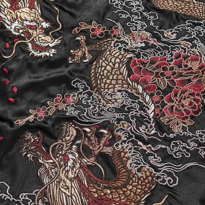 Close-up—coiling dragon body with peony blossoms and cloud plumes.