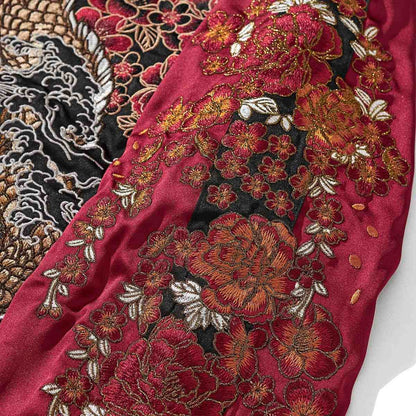 Sleeve detail—peony cascade embroidery panel.