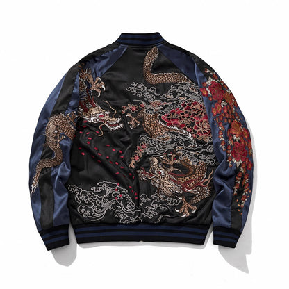 Back view, navy color sukajan jacket featuring twin dragons, waves, and peony clusters.
