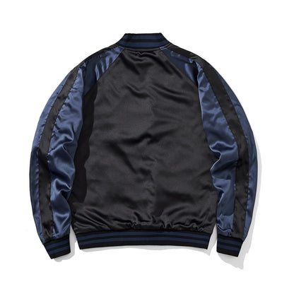 Back view of the navy colorway, peony face, featuring a clean satin panel and raglan sleeves