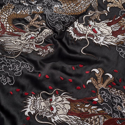 Back panel embroidery close-up with dragons, claws, and drifting petals