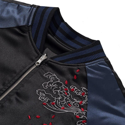 Collar and zipper area with cloud embroidery and scattered petals