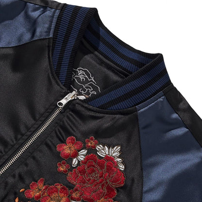 Neckline detail with peony cluster embroidery and rib collar