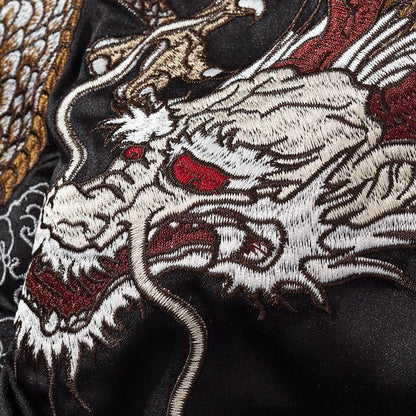 Dragon head embroidery close-up highlighting sharp horns and whiskers