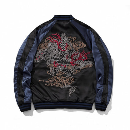 Back, reverse side—navy color jacket with a single dragon in clouds.