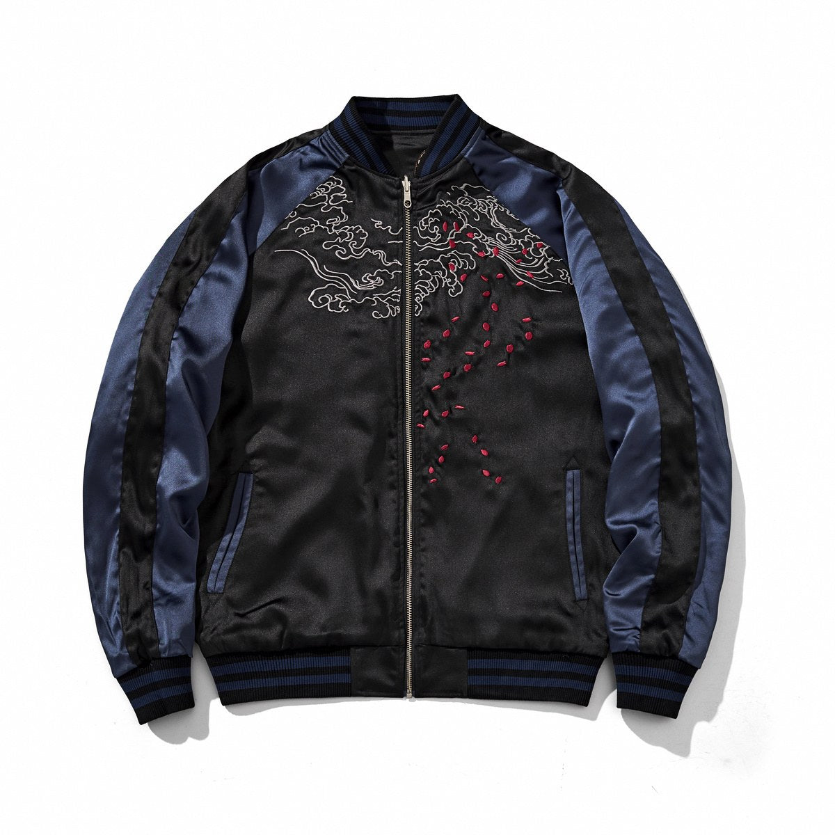 Front, reverse side—navy color jacket with clouds and floating petals embroidery.