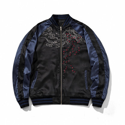 Front, reverse side—navy color jacket with clouds and floating petals embroidery.