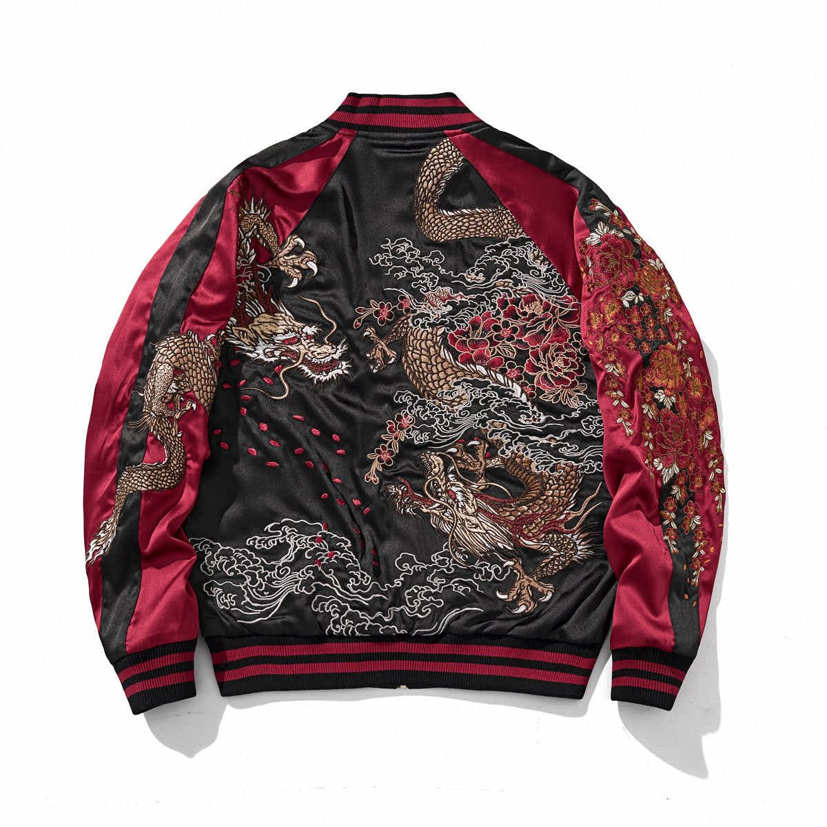 Back view, red color sukajan jacket featuring twin dragons, waves, and peony clusters.