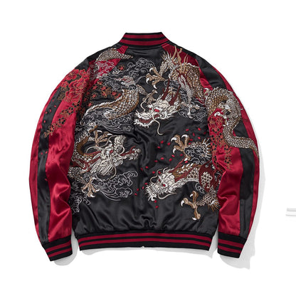 Back view of the red colorway, dragon face, displaying an expansive multi-dragon composition with clouds and red petals