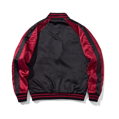 Back view of the red colorway, peony face, featuring a clean satin panel and raglan sleeves