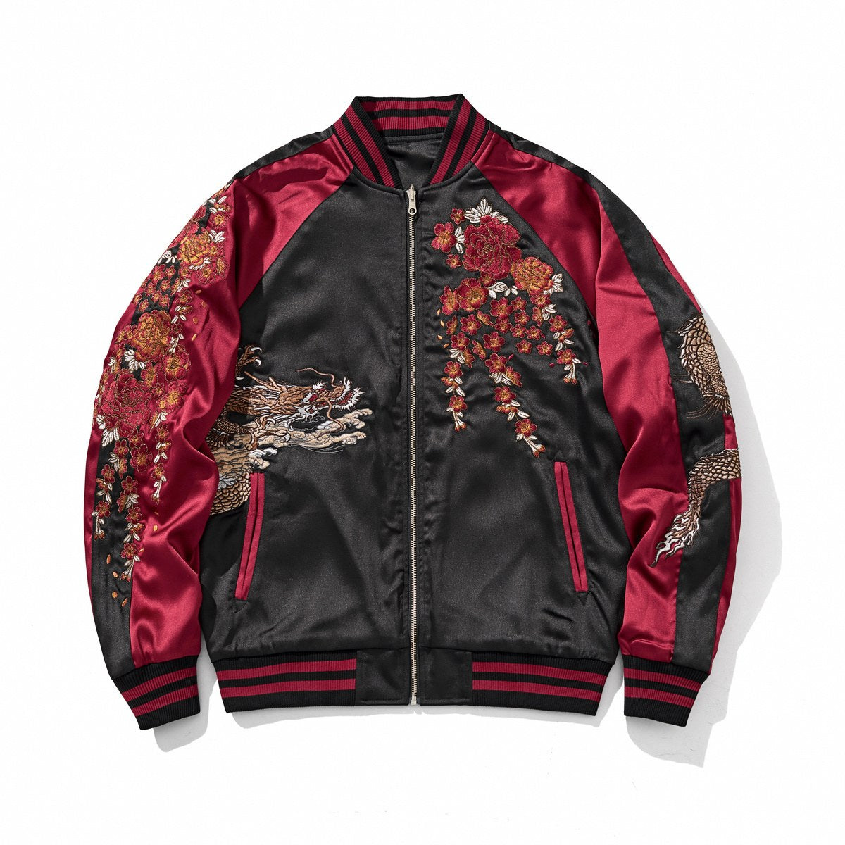 Front view, red color reversible sukajan jacket with dragon head and cascading peony embroidery.