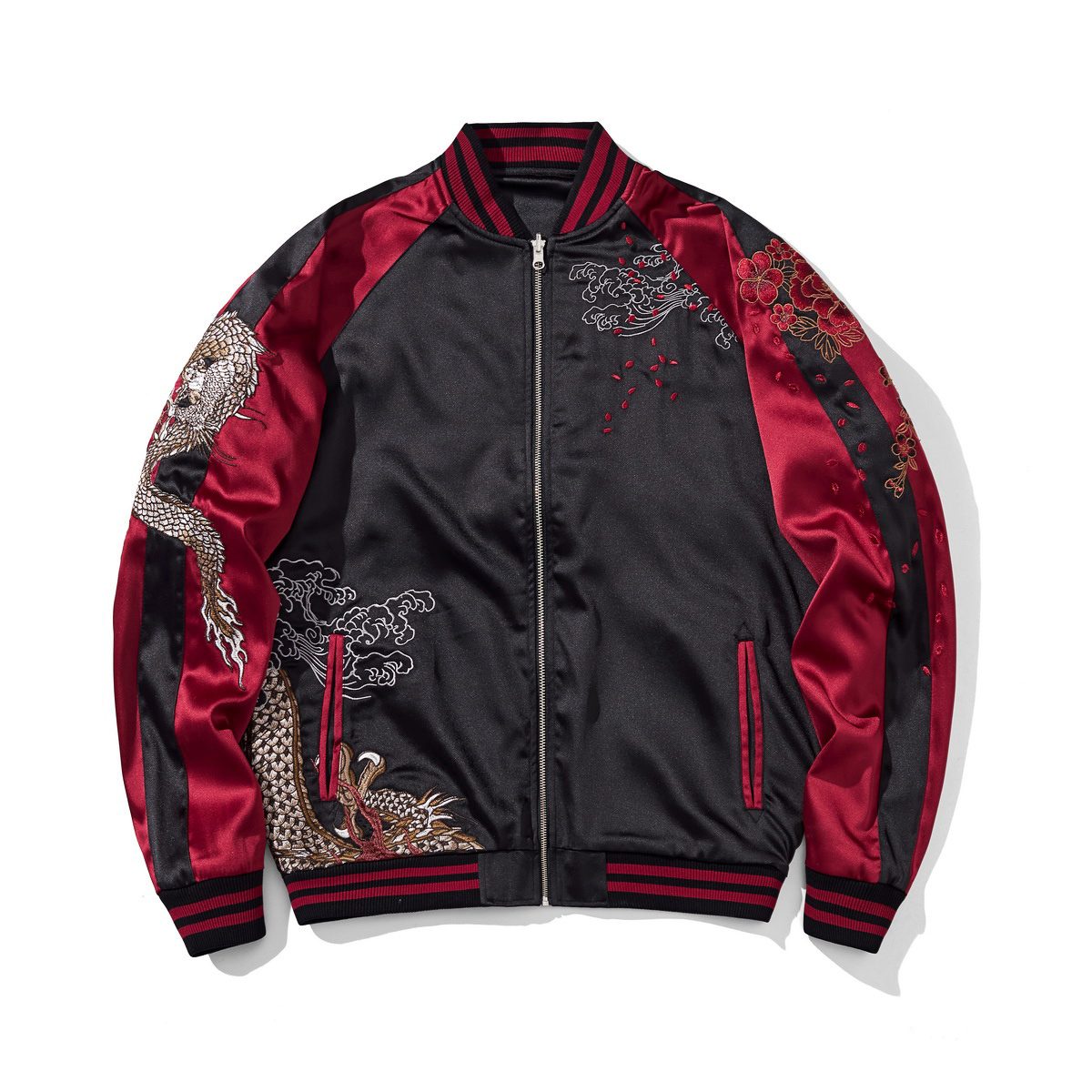 Front view of the red colorway, dragon face, with dragon and cloud embroidery and petal accents