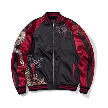 Front view of the red colorway, dragon face, with dragon and cloud embroidery and petal accents