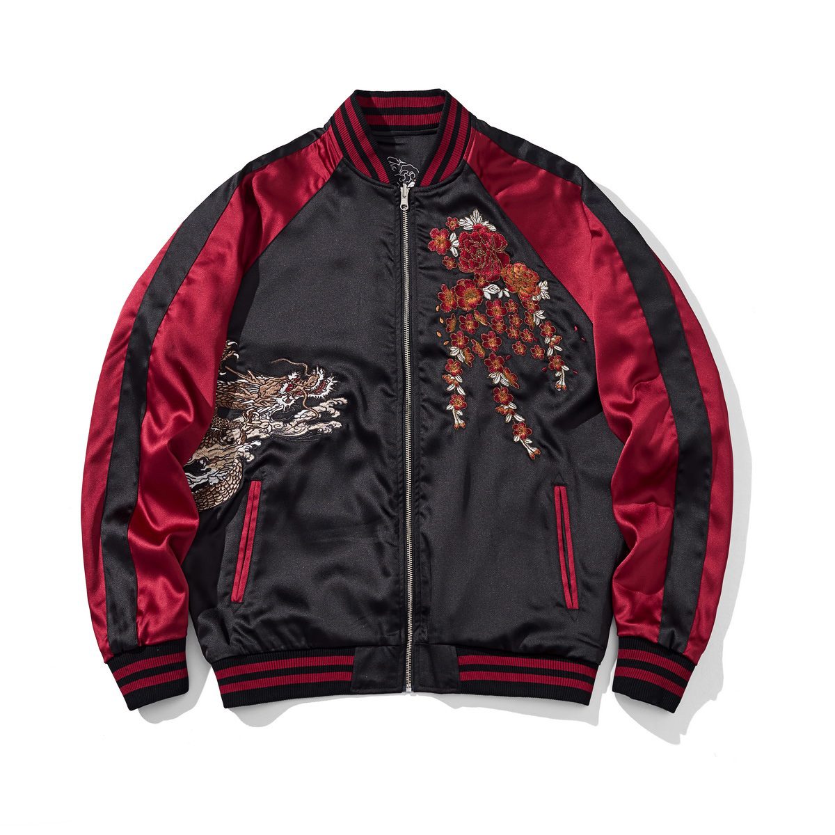 Front view of the red colorway, peony face, showcasing a cascading peony cluster with dragon detail