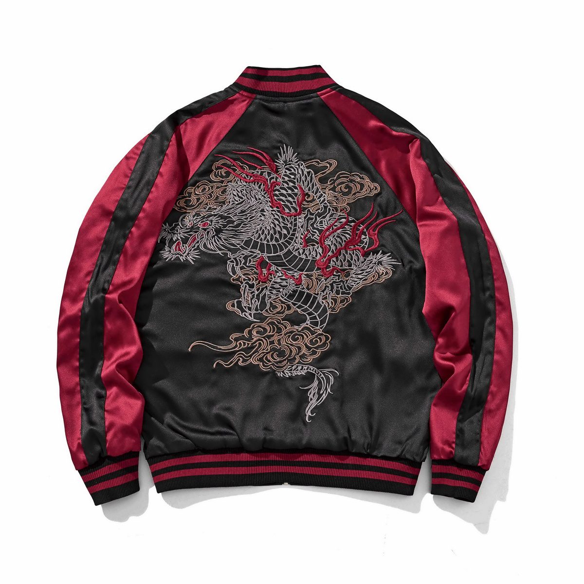 Back, reverse side—red color jacket with a single dragon in clouds.
