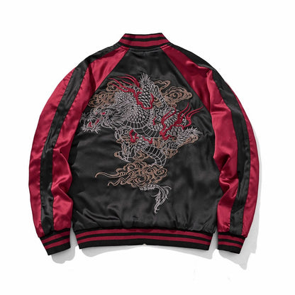 Back, reverse side—red color jacket with a single dragon in clouds.
