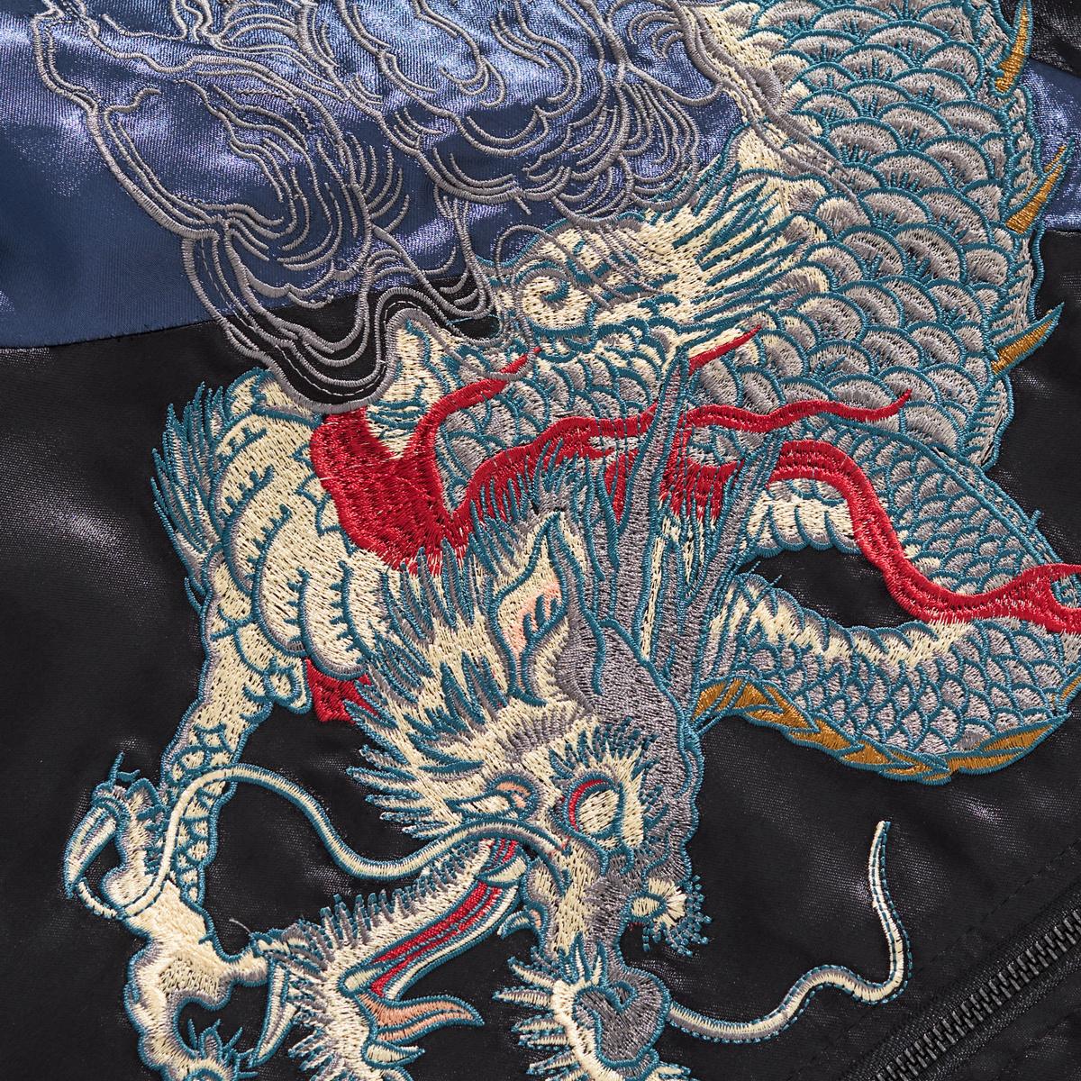 Extreme close-up of the Azure Dragon scales on the back embroidery.