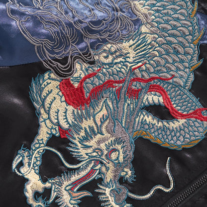 Extreme close-up of the Azure Dragon scales on the back embroidery.