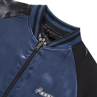Close-up of the ribbed collar and blue satin on the reverse side.