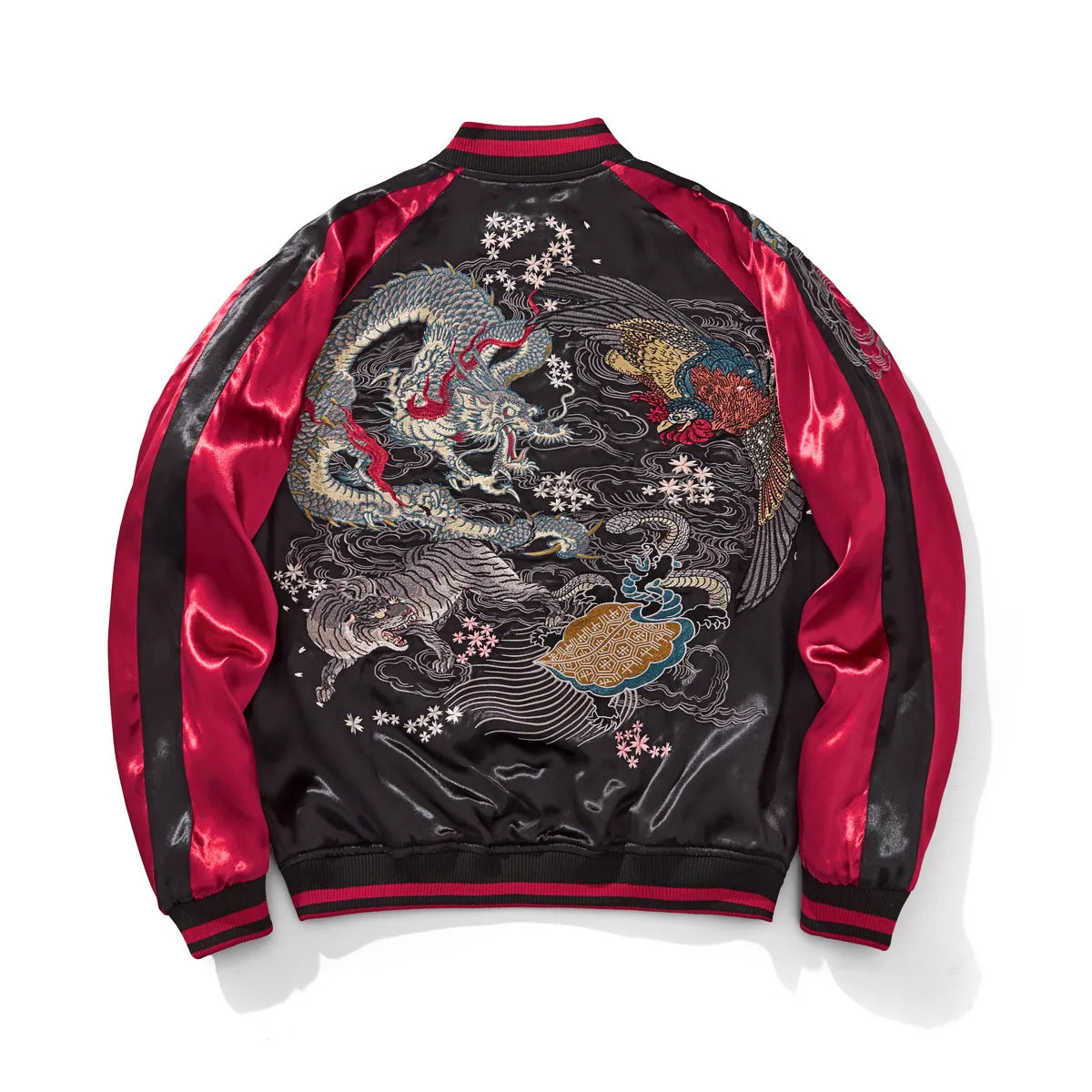 Back view of Burgundy souvenir jacket showcasing high-density embroidery of all Four Sacred Beasts.