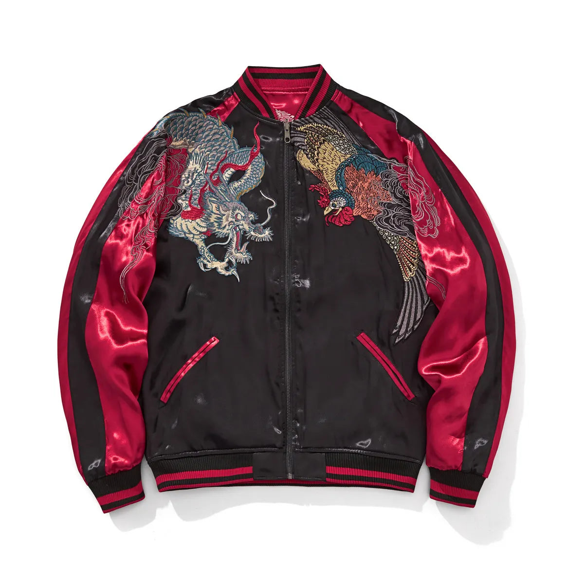 Front view of Burgundy Rayon Sukajan jacket with detailed Dragon and Phoenix chest embroidery.