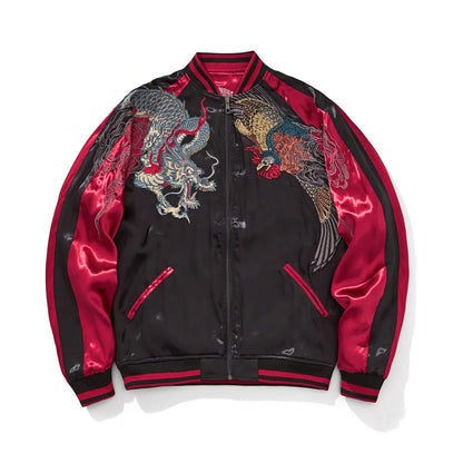 Front view of Burgundy Rayon Sukajan jacket with detailed Dragon and Phoenix chest embroidery.