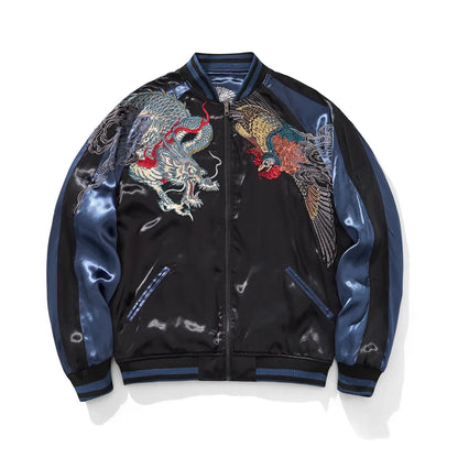 Front view of Navy Rayon Sukajan jacket with Azure Dragon and Vermilion Bird chest embroidery.