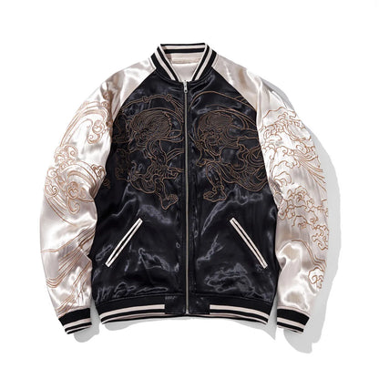 Front view of Reversible Fujin & Raijin Sukajan Jacket in black with gold accents.