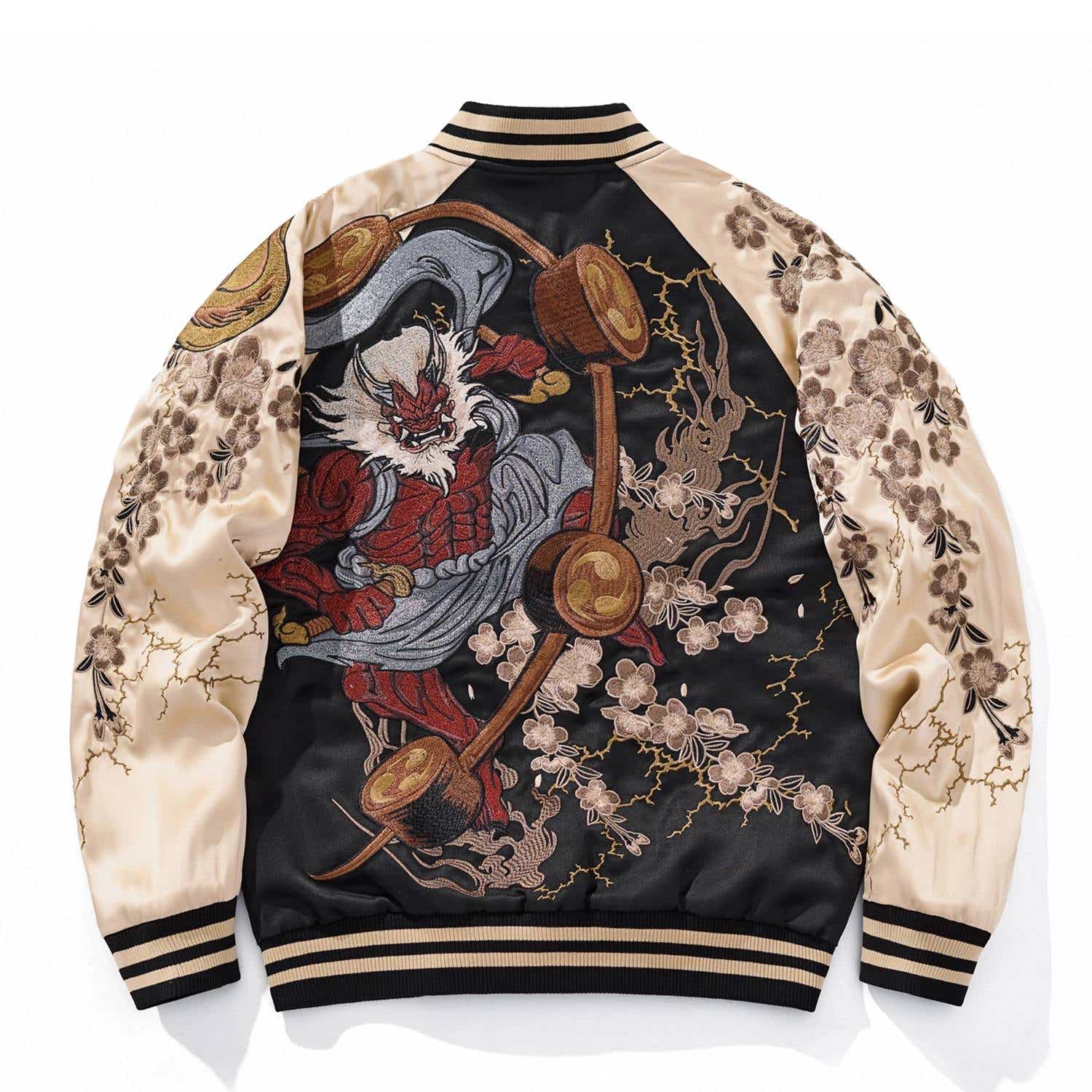 Back view, Side A, gold color sukajan jacket — large embroidered Raijin with drum ring, lightning and cherry blossoms.