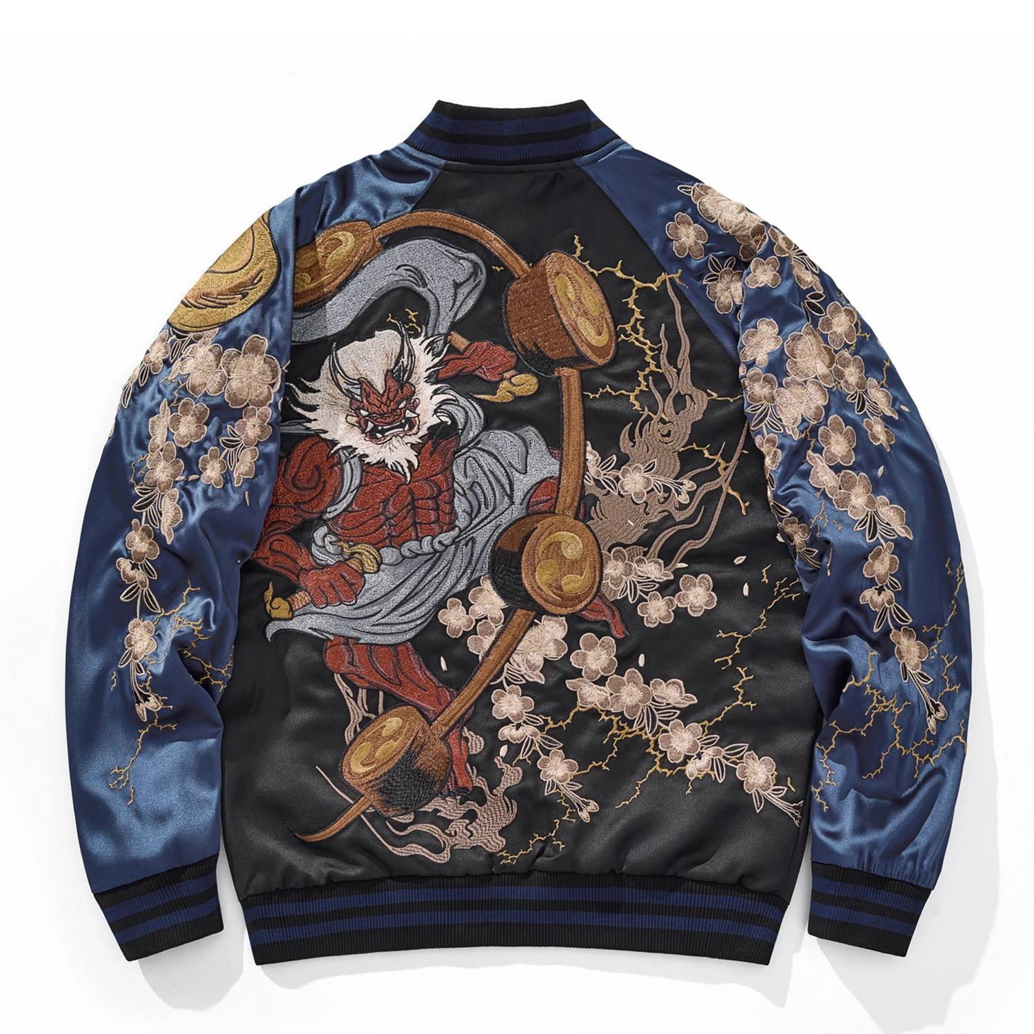 Back view, Side A, navy color — oversized Raijin embroidery within drum ring, lightning bolts and blooming sakura.