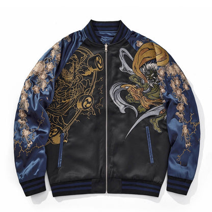 Front view, Side A, navy color — dynamic Fujin on right chest, Raijin outline on left, cherry blossom sleeves.