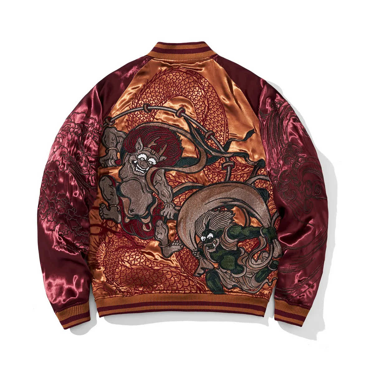 Back view of wine red souvenir jacket featuring large embroidery of Wind God and Thunder God.